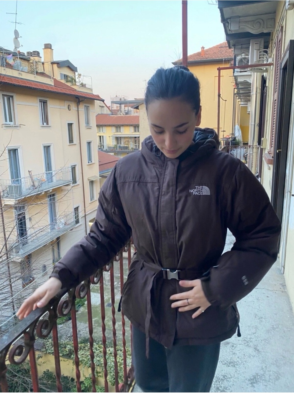 The North Face Women's Dark Brown Hooded Belted Puffer Jacket XL